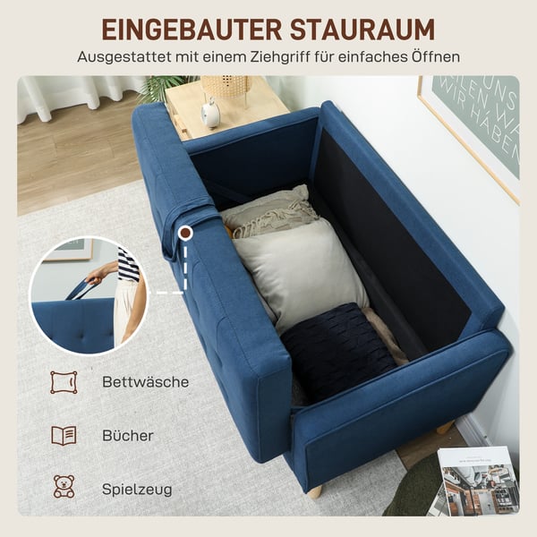 Kahden istuttava sohva 117x62x78 cm sininen, säilytystila