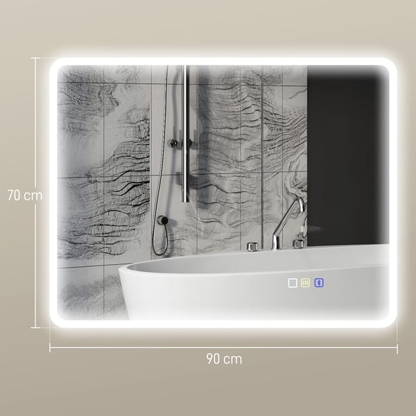 Kylpyhuoneen peili, 70x90 cm, hopea, LED Bluetooth, huurteenesto