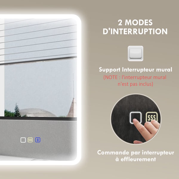 Kylpyhuoneen peili, 70x90 cm, hopea, LED Bluetooth, huurteenesto