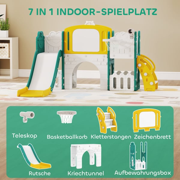 Legeplads, 7-i-1 rutsjebanesæt til småbørn, 176x150x94 cm, gul+grøn, plast