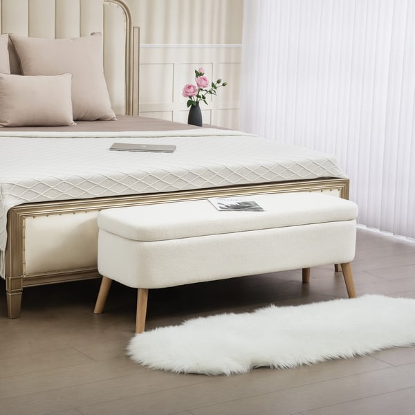Säilytyspenkki, 120x42x45 cm, valkoinen, teddyfleece-kangas