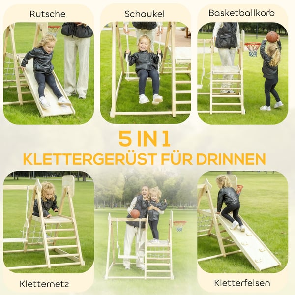 Indendørs klatrestativ 140x133x43 cm naturtræ, sammenklappelig