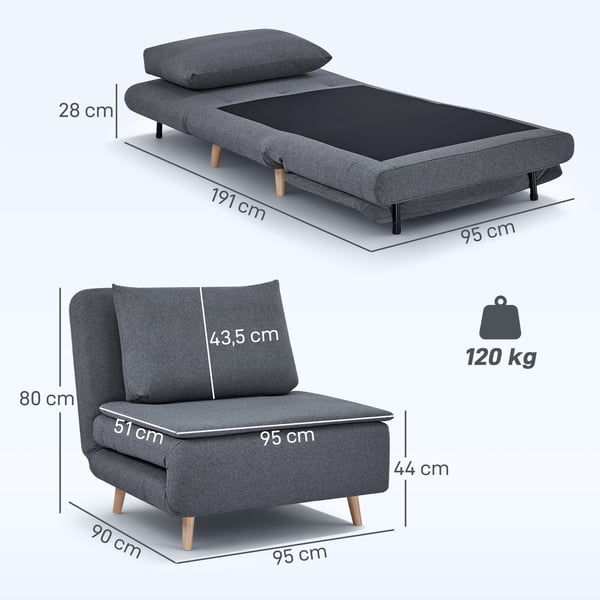 Sovstol, 3-i-1 med justerbart ryggstöd, 95x90x80 cm, Grå, Polyester