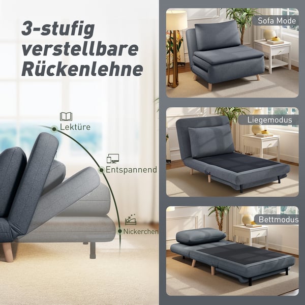 Sovstol, 3-i-1 med justerbart ryggstöd, 95x90x80 cm, Grå, Polyester
