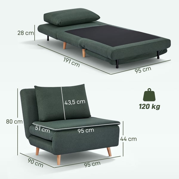 Sovesofa stol, 3-i-1 justerbart ryglæn, 95x90x80 cm, Grøn, Stof