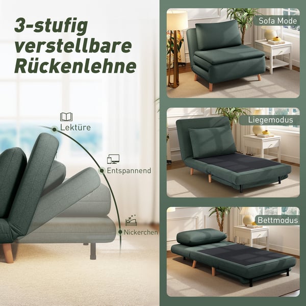 Sovesofa stol, 3-i-1 justerbart ryglæn, 95x90x80 cm, Grøn, Stof