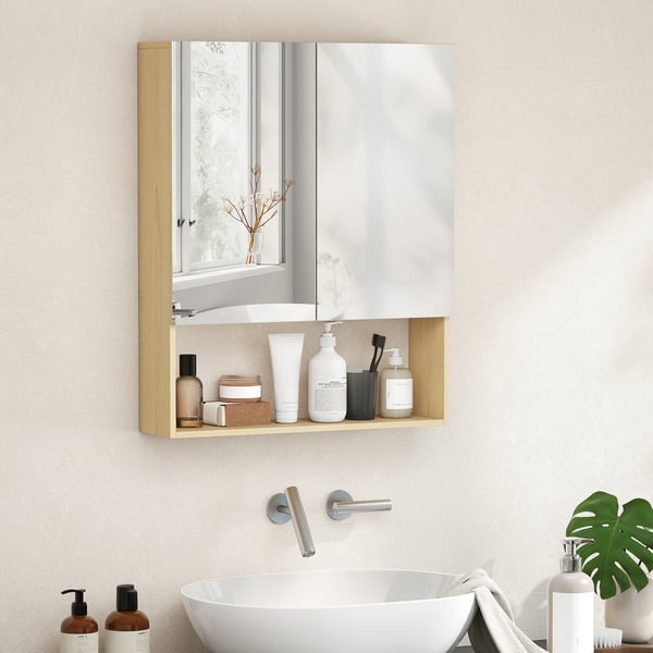 Badeværelsesskab, Spejldøre, 60x16,6x75 cm, Eg, Vægmonteret