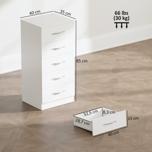 Kommode, 40x35x85 cm, Hvid, Spånplade