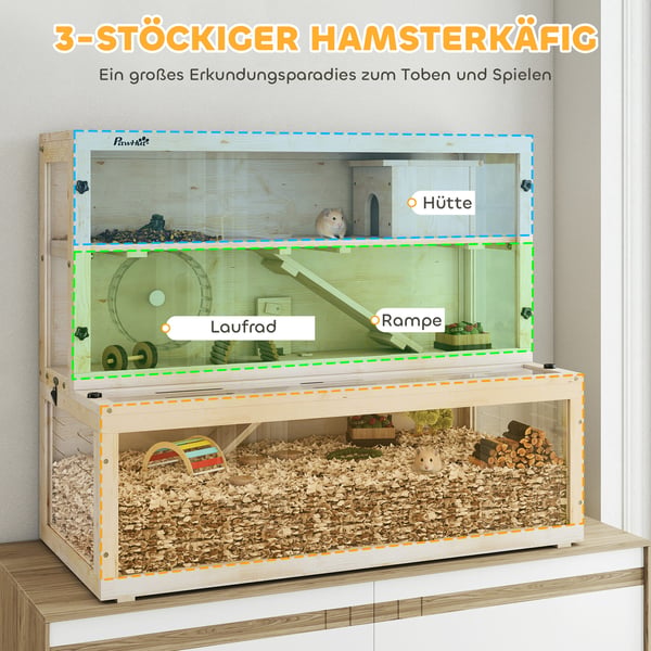 Hamsterihäkki, 100x50x84 cm, luonnollinen, puu, muovi