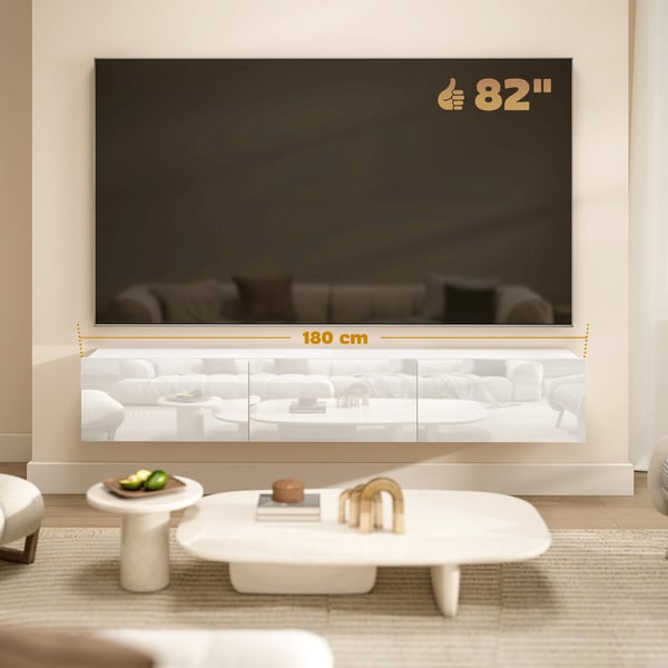 TV-bänk, 180x31,5x29,8 cm, Vit, Väggmonterad