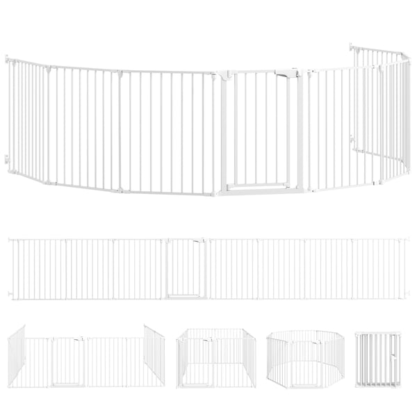 Husdjursspärr, 8-panel barriär med dörr, 61x3x75 cm, vit, hopfällbar