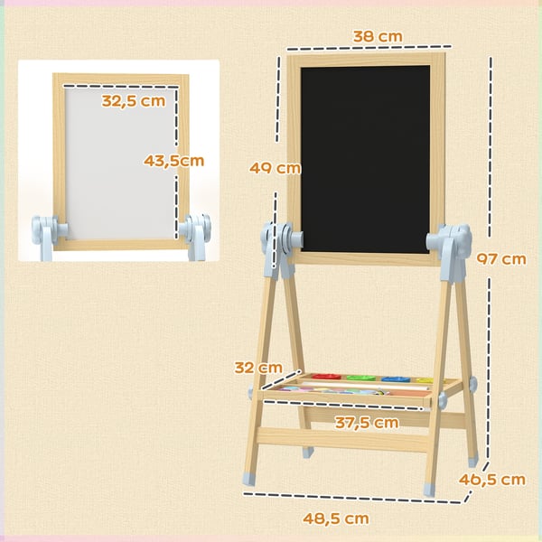 Børnestaffeli, Justerbart dobbeltsidet whiteboard og kridttavle, 48,5x46,5x70-97 cm, Natur, Træ
