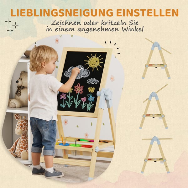 Børnestaffeli, Justerbart dobbeltsidet whiteboard og kridttavle, 48,5x46,5x70-97 cm, Natur, Træ