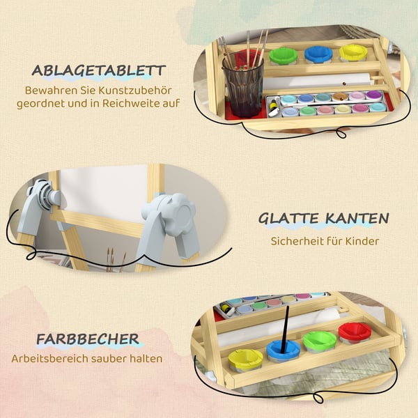 Børnestaffeli, Justerbart dobbeltsidet whiteboard og kridttavle, 48,5x46,5x70-97 cm, Natur, Træ