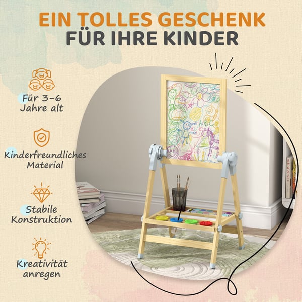 Børnestaffeli, Justerbart dobbeltsidet whiteboard og kridttavle, 48,5x46,5x70-97 cm, Natur, Træ