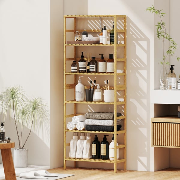 Hyllenhet, 6-nivå justerbar bambu, 60x26x161 cm, natur, förvaring