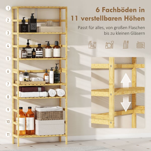 Hyllenhet, 6-nivå justerbar bambu, 60x26x161 cm, natur, förvaring