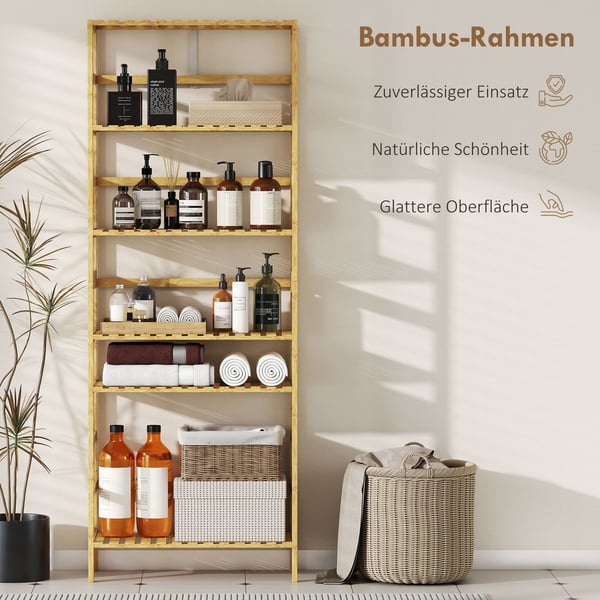 Hyllenhet, 6-nivå justerbar bambu, 60x26x161 cm, natur, förvaring