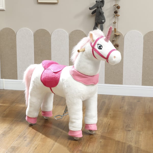 Ride-on hest, enhjørning design, 96x36x96 cm, hvid, stof