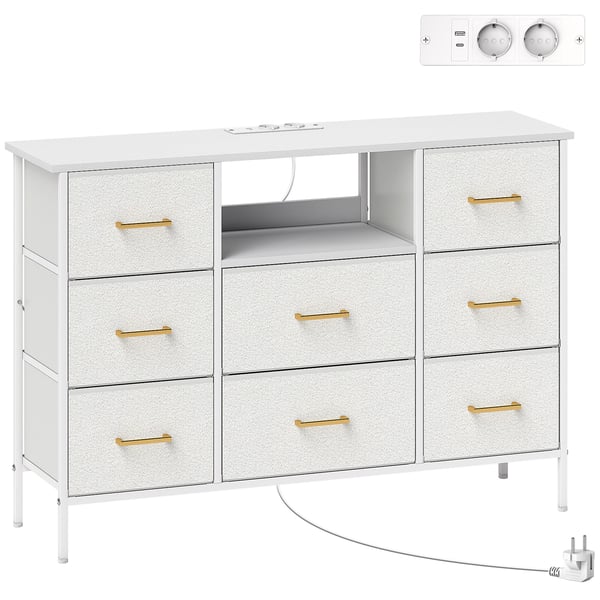 Kommode, Opbevaringsskab med 8 stofskuffer, 110x30x76 cm, Hvid, Stålramme