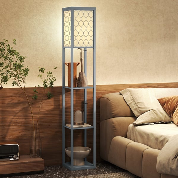 Gulvlampe med hylde, 26x26x160 cm, lysegrå, MDF