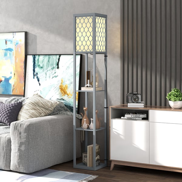 Gulvlampe med hylde, 26x26x160 cm, lysegrå, MDF