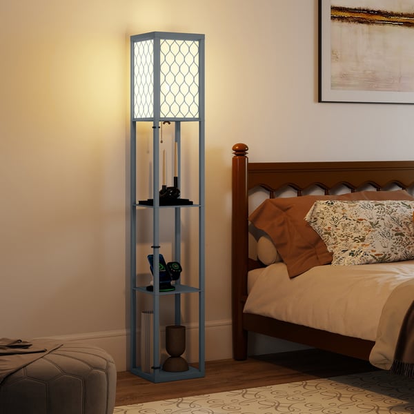 Gulvlampe med hylde, 26x26x160 cm, lysegrå, MDF
