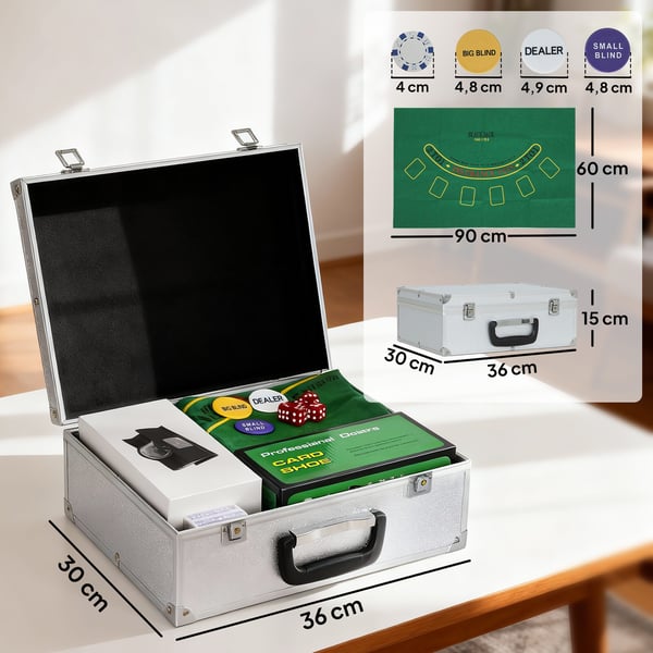 Poker Sæt, 300 Jetoner, 36x30x15 cm, Sølv, Aluminium
