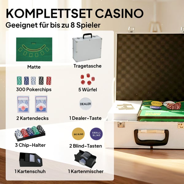 Poker Sæt, 300 Jetoner, 36x30x15 cm, Sølv, Aluminium