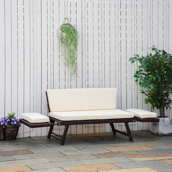 Puutarhasohva, 2-istuttava polyrottinki, taitettava, 129x63x67 cm, ruskea