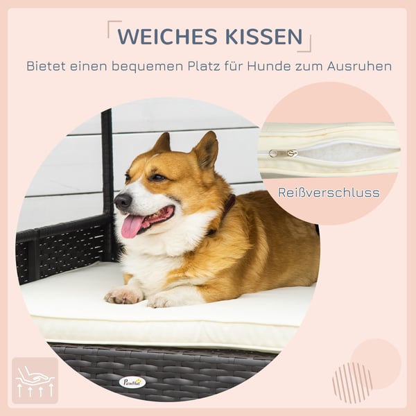 Hundehus, Rattan hundehus med pude, 98x69x73 cm, Brun