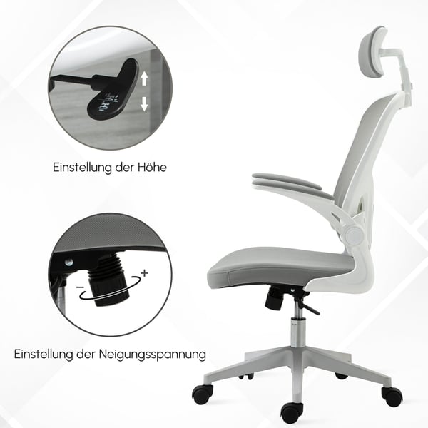 Kontorsstol, Ergonomisk skrivbordsstol med nackstöd och gungfunktion, 65x64x114-122 cm, Grå