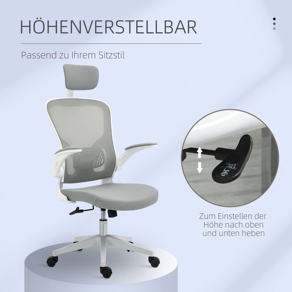 Kontorsstol, Ergonomisk skrivbordsstol med nackstöd och gungfunktion, 65x64x114-122 cm, Grå