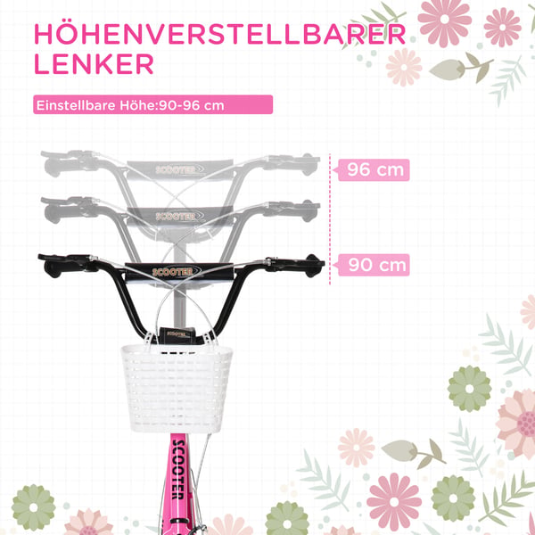 Børneløbehjul, 139x58x90-96 cm, Pink og Hvid