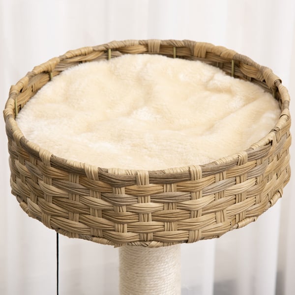 Kissanpuu, rottinkinen kissanpuu kissanluolalla ja pallolelulla, 55x47x95 cm, beige