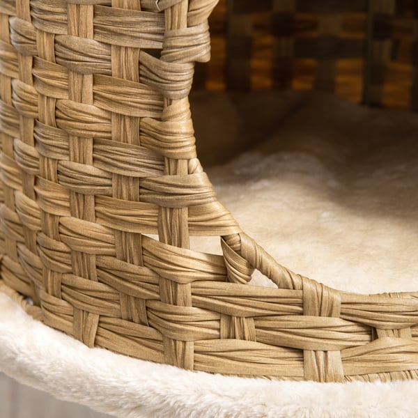 Kissanpuu, rottinkinen kissanpuu kissanluolalla ja pallolelulla, 55x47x95 cm, beige