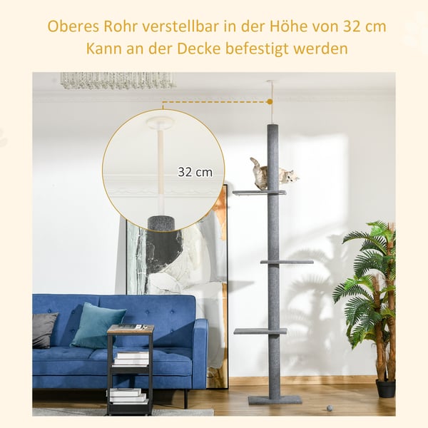 Kattetårn, Justerbar kradsetræ, 43x27x228-260 cm, Grå