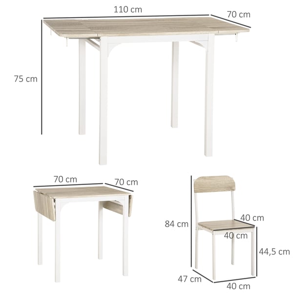 Matgrupp, 3-delad fällbar bord och 2 stolar, 120x60x75 cm, Vit