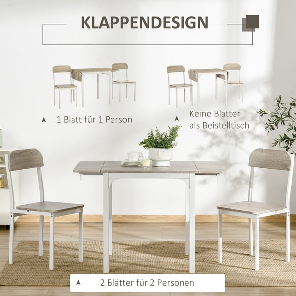 Matgrupp, 3-delad fällbar bord och 2 stolar, 120x60x75 cm, Vit