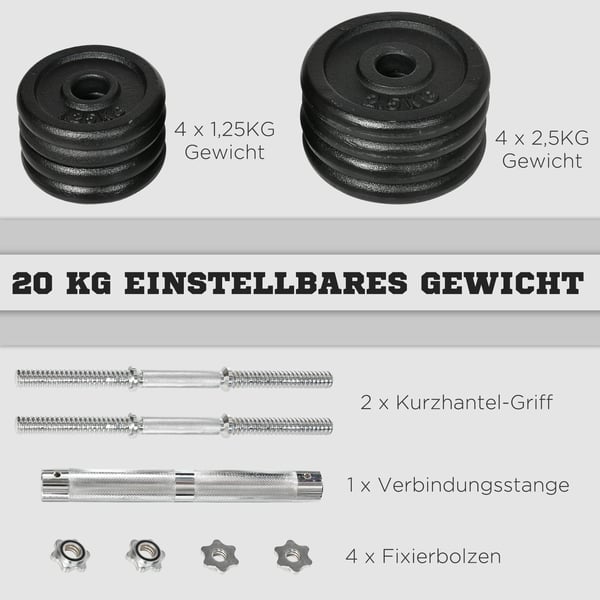 Håndvægte- og vægtstangsæt, 20 kg, Sort