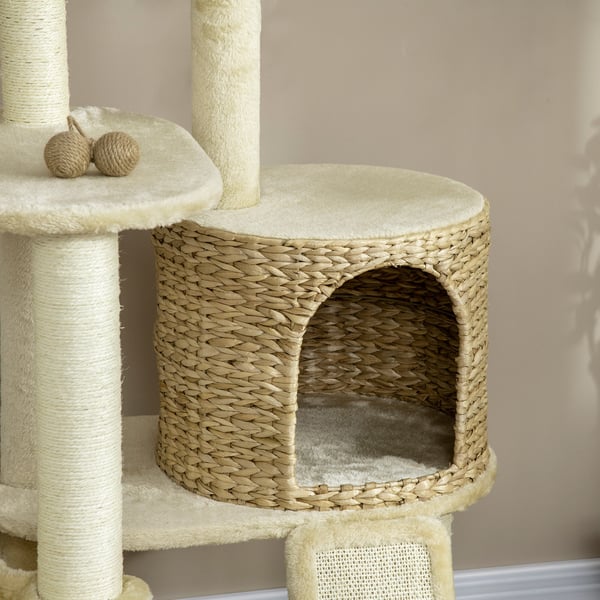 Kattställning, Rattan katthus med plattformar, hängmatta och ramp, 60x60x150 cm, Beige