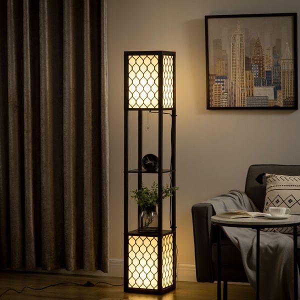 Gulvlampe med hylde, 26x26x156 cm, Sort