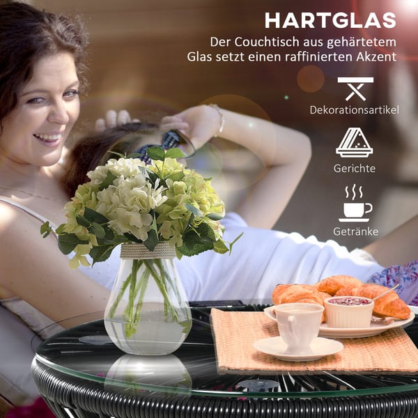 Havebord, Rundt Bistrobord med Glasplade, 40x40x42 cm, Sort