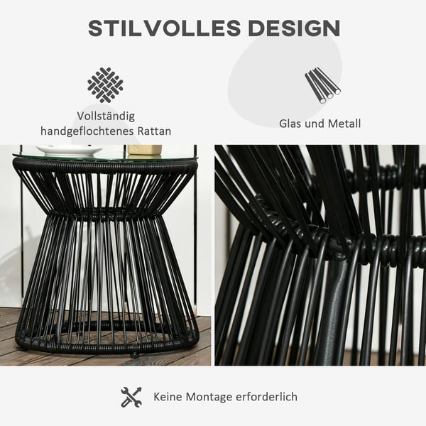 Havebord, Rundt Bistrobord med Glasplade, 40x40x42 cm, Sort