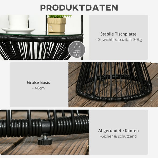 Havebord, Rundt Bistrobord med Glasplade, 40x40x42 cm, Sort