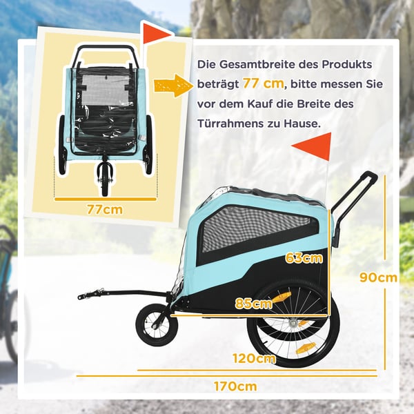 Hundetrailer, 2-i-1 hundeklapvogn og cykeltrailer, 170x77x90 cm, Blå