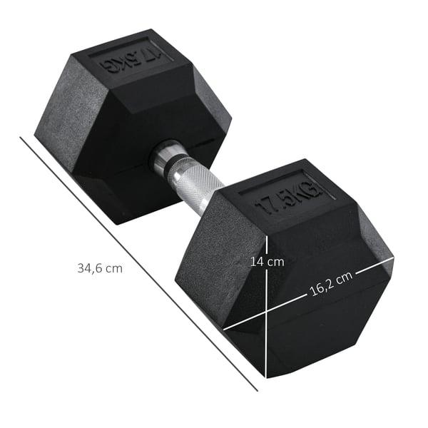 Håndvægt, Sekskantet gummihåndvægt 17,5 kg, 16,2x16,2x11 cm, Sort