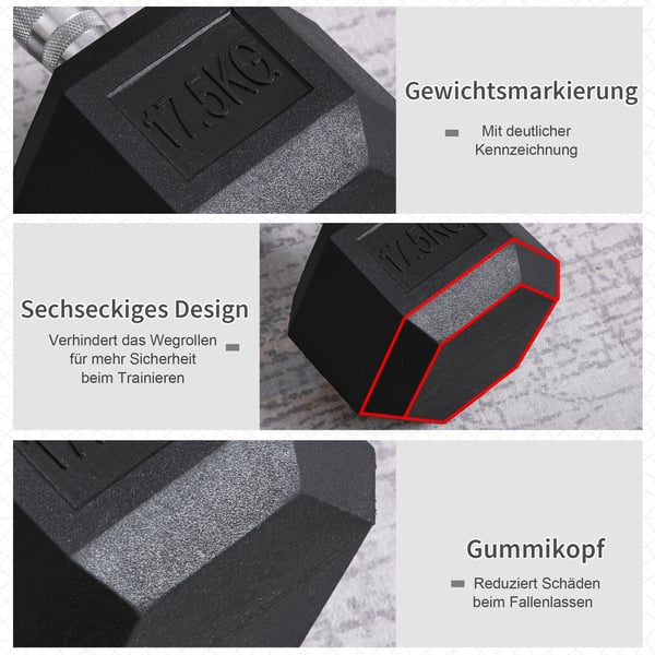 Håndvægt, Sekskantet gummihåndvægt 17,5 kg, 16,2x16,2x11 cm, Sort