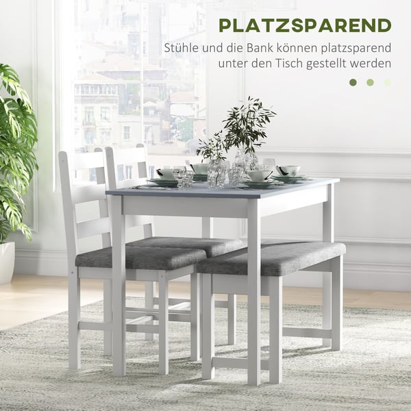 Ruokailuryhmä, 4-osainen pöytä kahdella verhoillulla tuolilla ja penkillä, 108x65x75 cm, harmaa, valkoinen