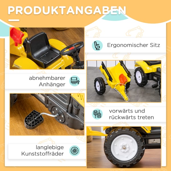 Pedaltraktor, 133x42x51 cm, Gul